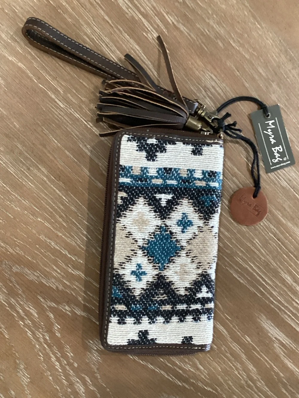 Myra Bag Teal, Cream & Brown Aztec Zip Wristlet with Tassel